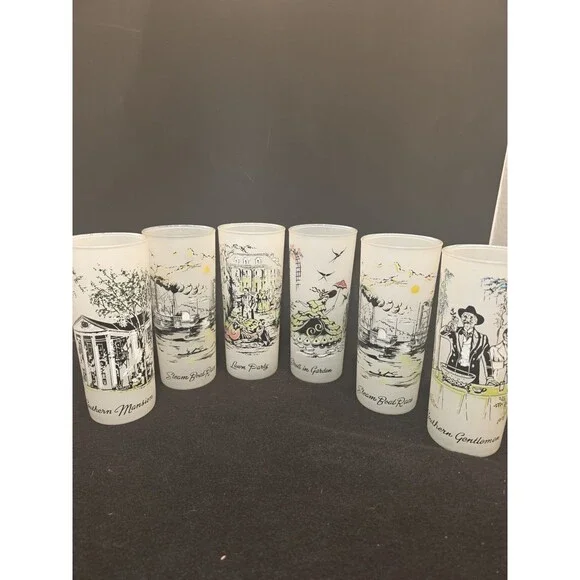 Vintage Libbey Frosted Glasses Set of 6 - Southern Hospitality Plantation Scenes - Picture 2 of 16